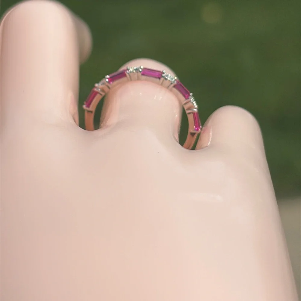 10kt White Gold Baguette Lab Ruby & Natural Diamond Band Ring Stacking Size 7 - Picture 4 of 15